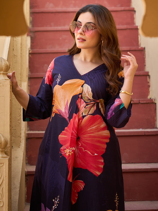 Indo Era Blue Printed A-Line Kurta Trousers Set