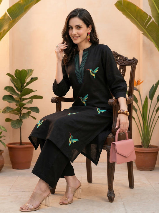Indo Era Black Embroidered A-Line Kurta Palazzos Set