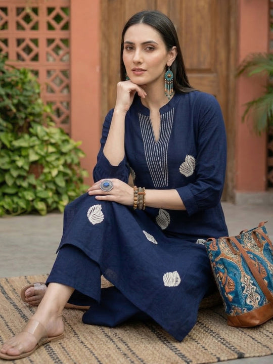 Indo Era Blue Embroidered A-Line Kurta Palazzos Set