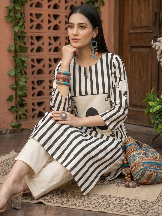 Indo Era White Printed A-Line Kurta Trousers Set