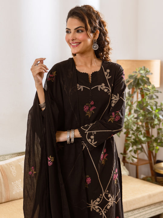 Indo Era Black Embroidered Straight Kurta Trousers With Dupatta Set