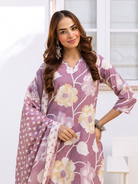 Indo Era Pink Printed Straight Kurta Trousers With Dupatta Set