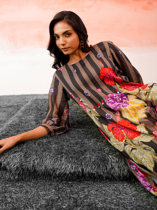 Indo Era Black Printed A-Line Kurta Trousers Set