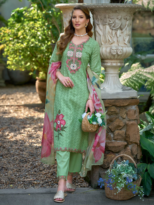 Indo Era Green Embroidered Straight Kurta Trousers With Dupatta Set