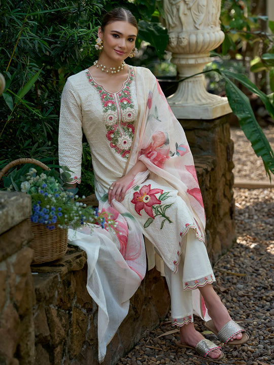 Indo Era Off White Embroidered Straight Kurta Trousers With Dupatta Set
