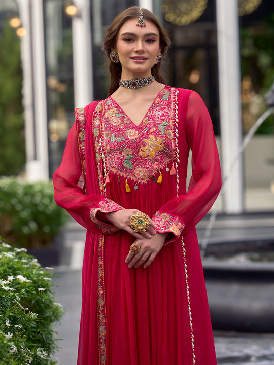 Indo Era Pink Embroidered Anarkali Kurta Trousers With Dupatta Set