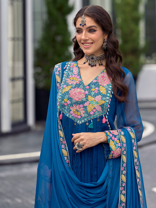 Indo Era Teal Embroidered Anarkali Kurta Trousers With Dupatta Set