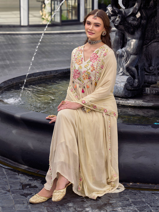 Indo Era Cream Embroidered Anarkali Kurta Trousers With Dupatta Set