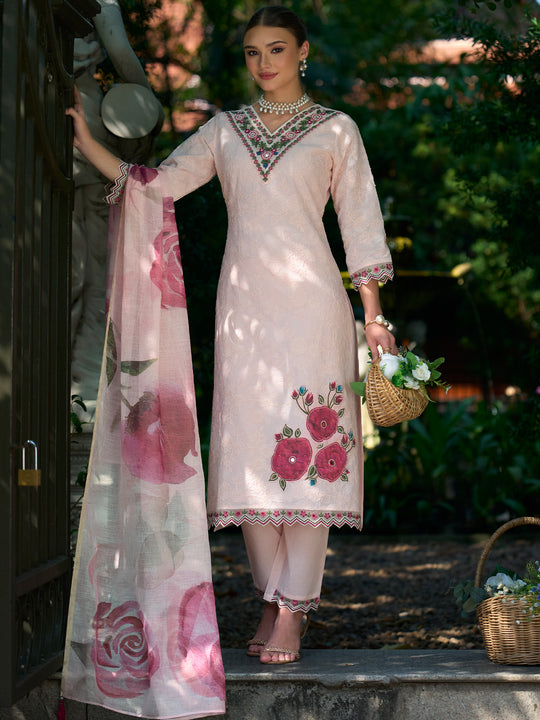 Indo Era Pink Embroidered Straight Kurta Trousers With Dupatta Set