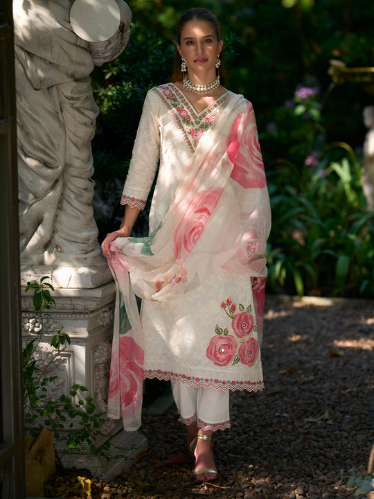 Indo Era Off White Embroidered Straight Kurta Trousers With Dupatta Set