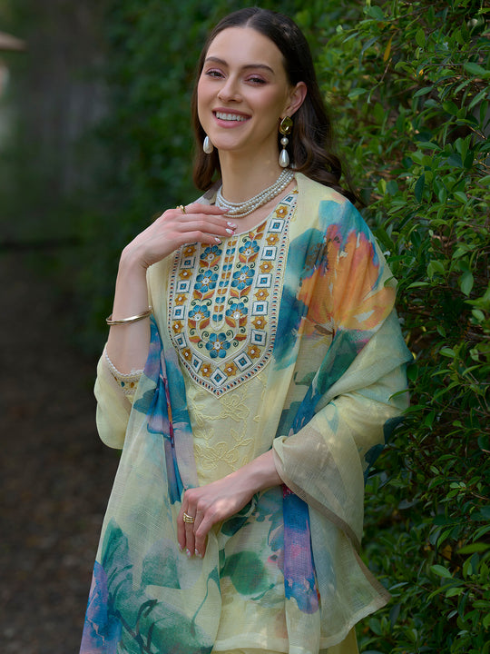 Indo Era Yellow Embroidered Straight Kurta Trousers With Dupatta Set