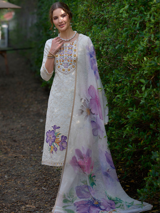 Indo Era Off White Embroidered Straight Kurta Trousers With Dupatta Set