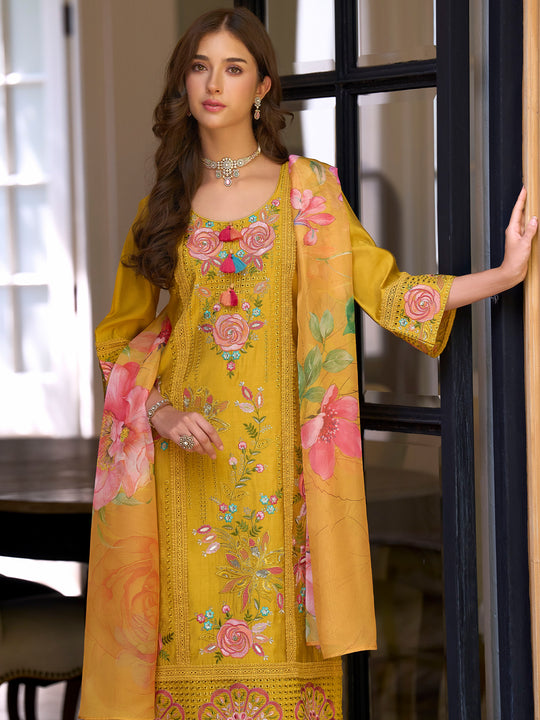 Indo Era Mustard Embroidered Straight Kurta Trousers With Dupatta Set