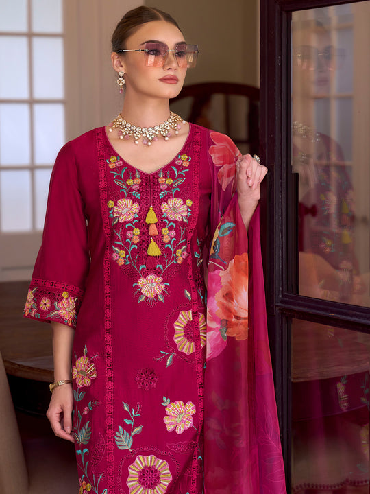 Indo Era Pink Embroidered Straight Kurta Trousers With Dupatta Set