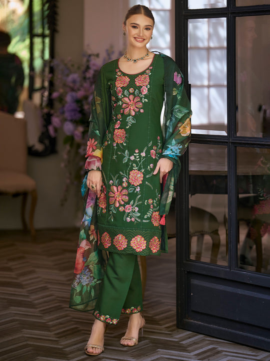 Indo Era Green Embroidered Straight Kurta Trousers With Dupatta Set