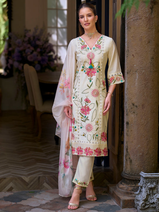 Indo Era Off White Embroidered Straight Kurta Trousers With Dupatta Set