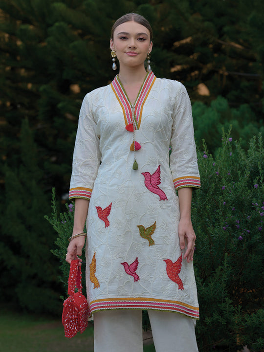 Indo Era White Printed Straight Kurta Trousers Set