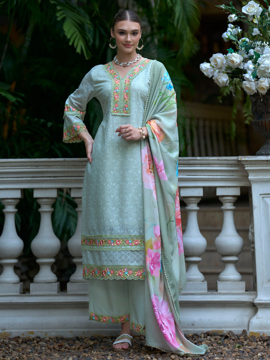 Indo Era Green Embroidered Straight Kurta Trousers With Dupatta Set