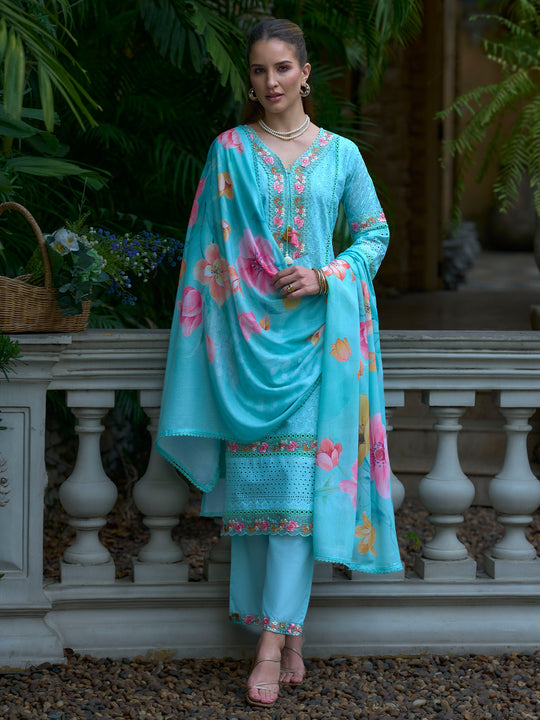 Indo Era Sea Green Embroidered Straight Kurta Trousers With Dupatta Set