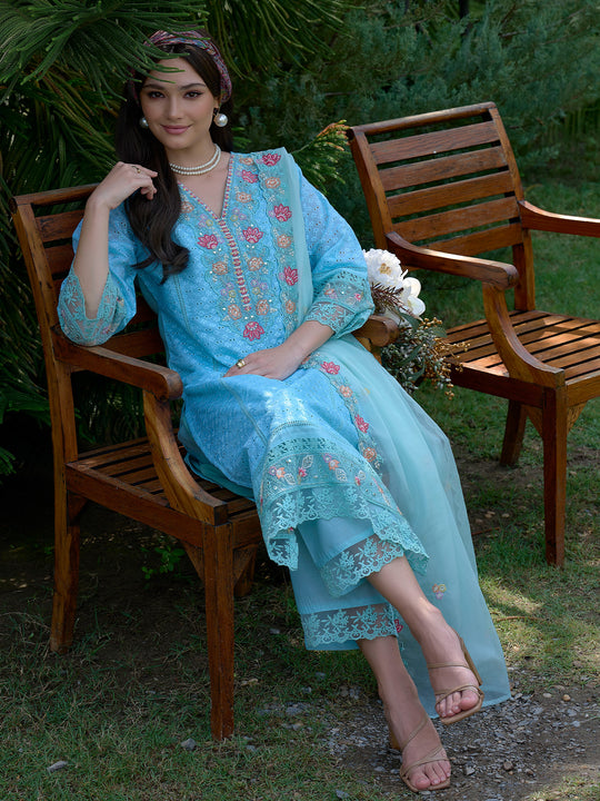 Indo Era Blue Embroidered Straight Kurta Trousers With Dupatta Set