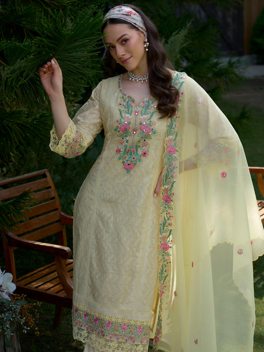 Indo Era Yellow Embroidered Straight Kurta Trousers With Dupatta Set