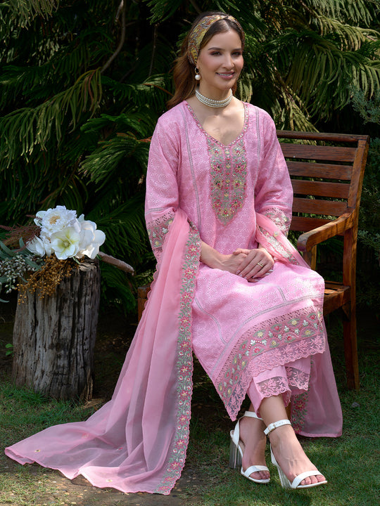 Indo Era Pink Embroidered Straight Kurta Trousers With Dupatta Set