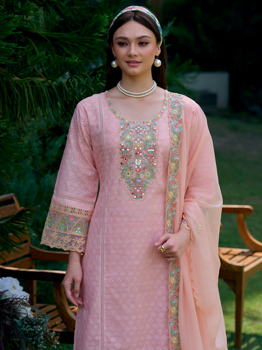 Indo Era Peach Embroidered Straight Kurta Trousers With Dupatta Set