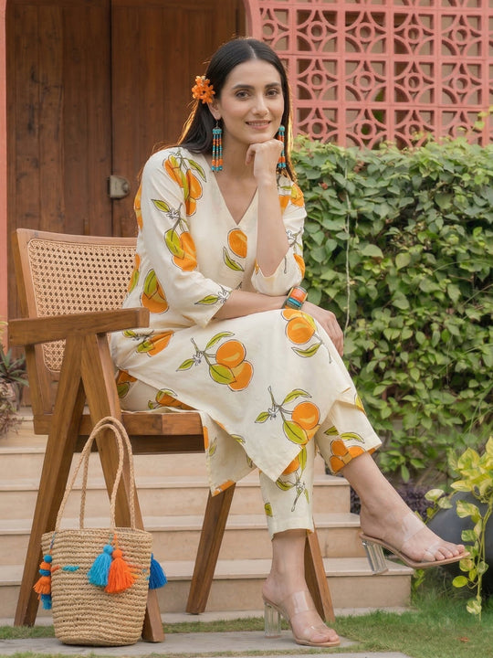 Indo Era Off White Printed Straight Kurta Trousers Set