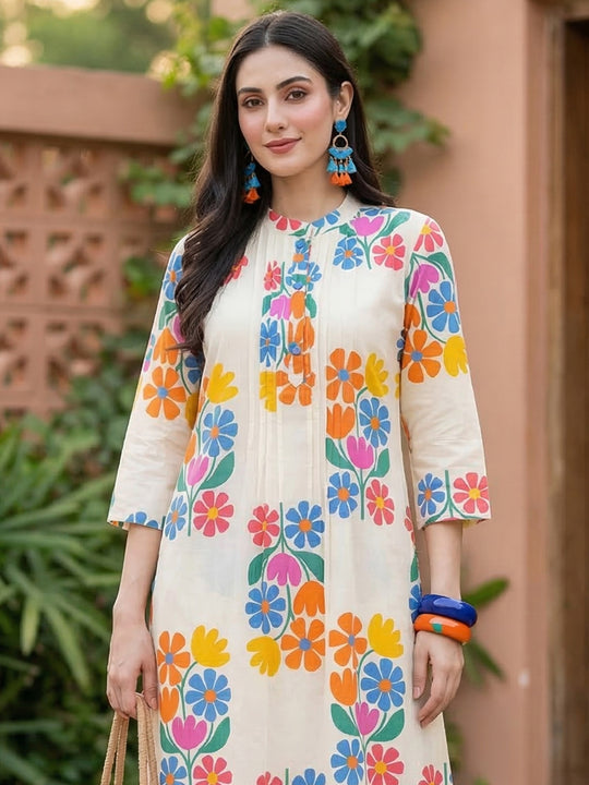 Indo Era Off White Printed A-Line Kurta Trousers Set