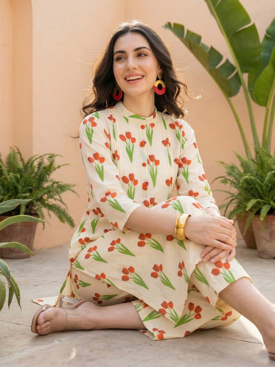 Indo Era Off White Printed A-Line Kurta Trousers Set