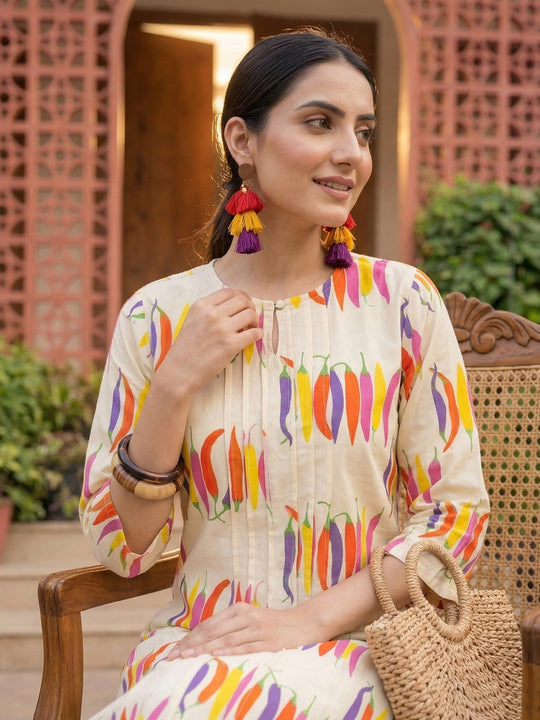 Indo Era Off White Printed A-Line Kurta Trousers Set