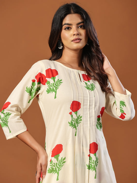 Indo Era Off White Printed A-Line Kurta Trousers Set