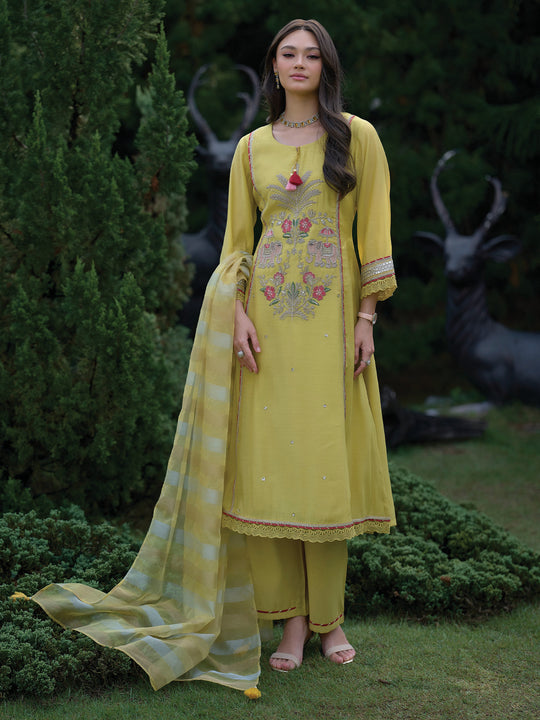 Indo Era Yellow Embroidered A-Line Kurta Trousers With Dupatta Set