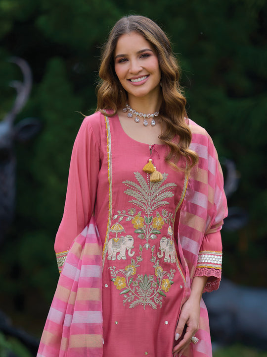 Indo Era Pink Embroidered A-Line Kurta Trousers With Dupatta Set