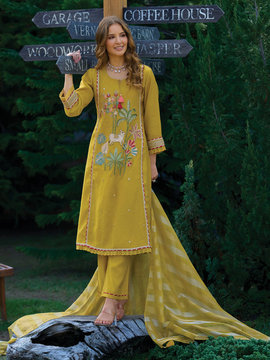 Indo Era Yellow Embroidered A-Line Kurta Trousers With Dupatta Set