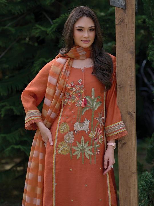 Indo Era Rust Embroidered A-Line Kurta Trousers With Dupatta Set