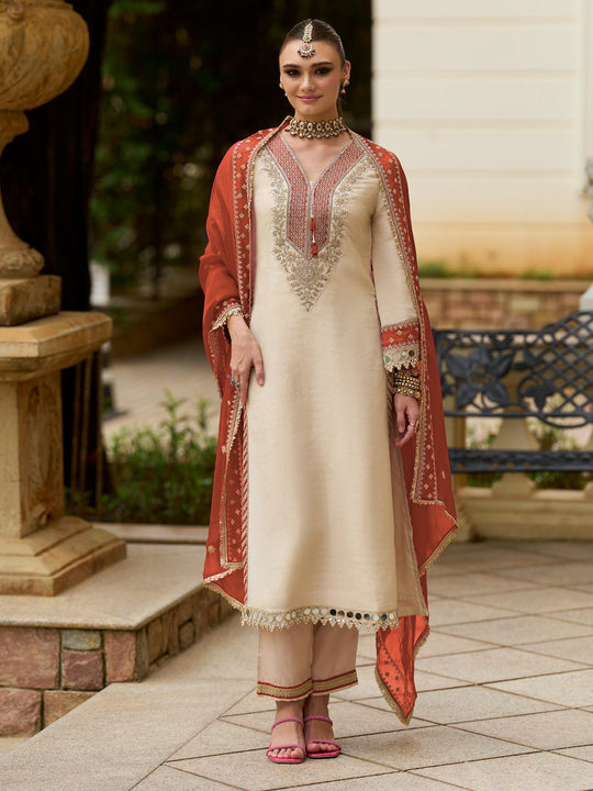 Indo Era Cream Embroidered Straight Kurta Trousers With Dupatta Set