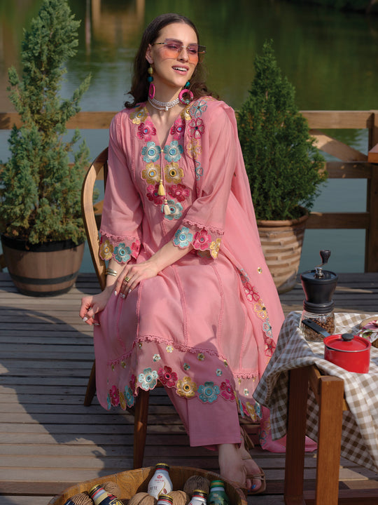Indo Era Pink Embroidered A-Line Kurta Trousers With Dupatta Set