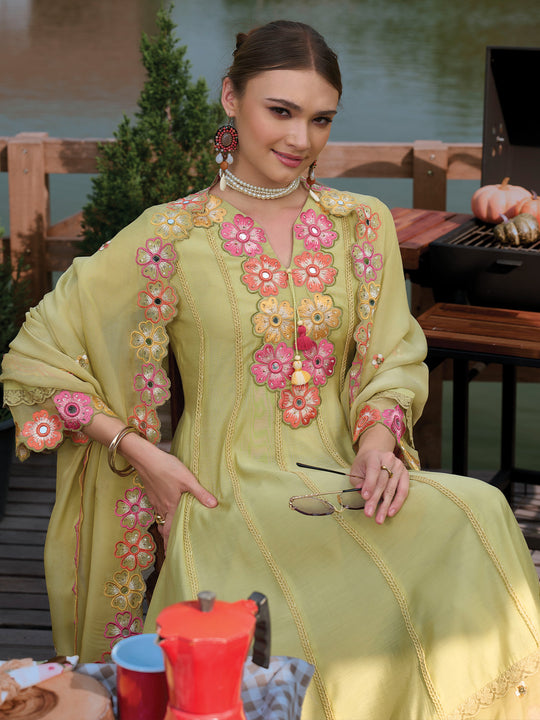 Indo Era Green Embroidered A-Line Kurta Trousers With Dupatta Set