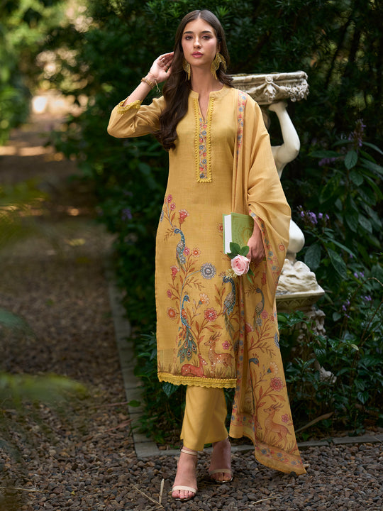 Indo Era Yellow Printed Straight Kurta Trousers With Dupatta Set
