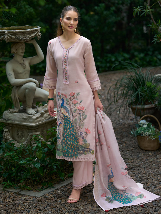 Indo Era Lavender Printed Straight Kurta Trousers With Dupatta Set