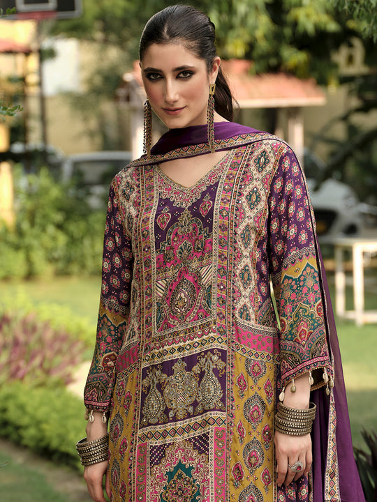 Indo Era Purple Printed A-Line Kurta Palazzos With Dupatta Set