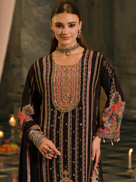 Indo Era Black Printed A-Line Kurta Palazzos With Dupatta Set