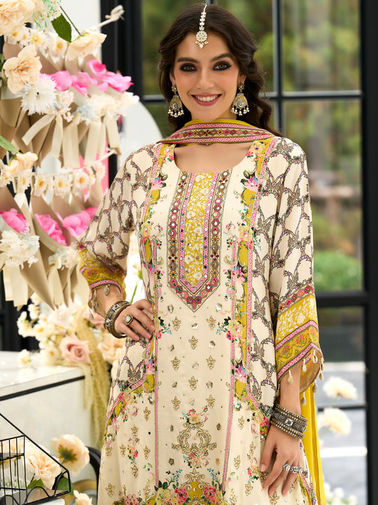 Indo Era Yellow Printed A-Line Kurta Palazzos With Dupatta Set