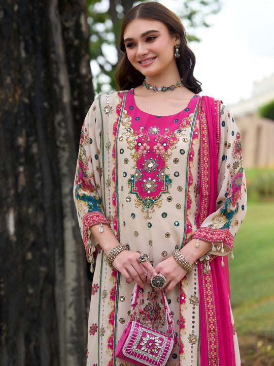 Indo Era Cream Printed A-Line Kurta Palazzos With Dupatta Set