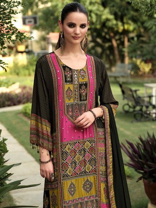 Indo Era Black Printed A-Line Kurta Palazzos With Dupatta Set