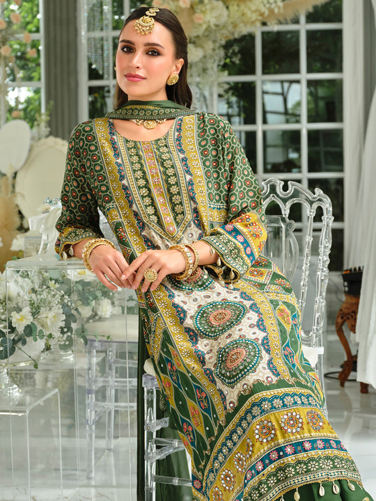 Indo Era Green Printed A-Line Kurta Palazzos With Dupatta Set