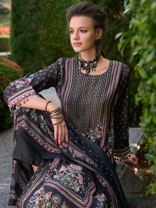 Indo Era Black Printed Straight Kurta Trousers With Dupatta Set