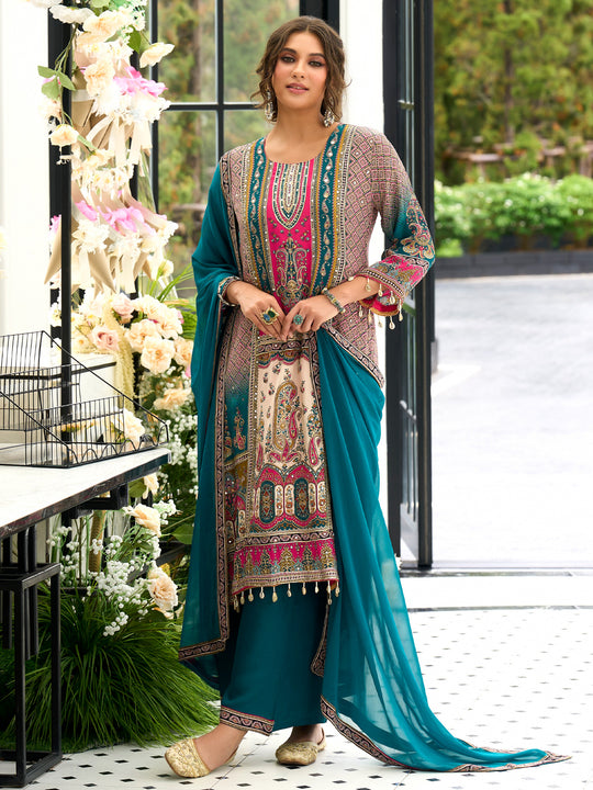 Indo Era Blue Printed A-Line Kurta Palazzos With Dupatta Set