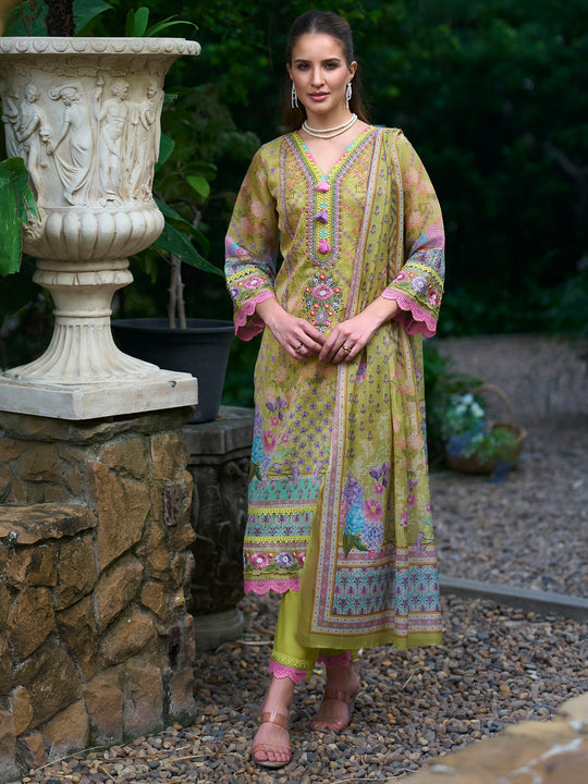 Indo Era Green Printed Straight Kurta Trousers With Dupatta Set